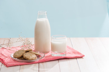 Dairy products. Pastry organic breakfast with milk and cookies.