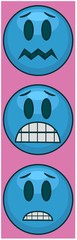 Scared blue emoji with pink background. Three icons