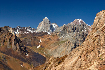 peak and glacier. mountains and pass. snowy landscape, outdoor view, Fann, Pamir Alay, Tajikistan