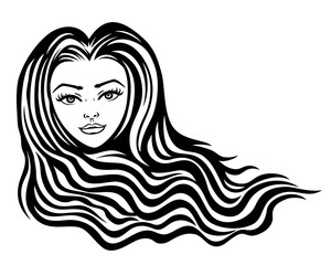 Beautiful woman with long hair on a white background.