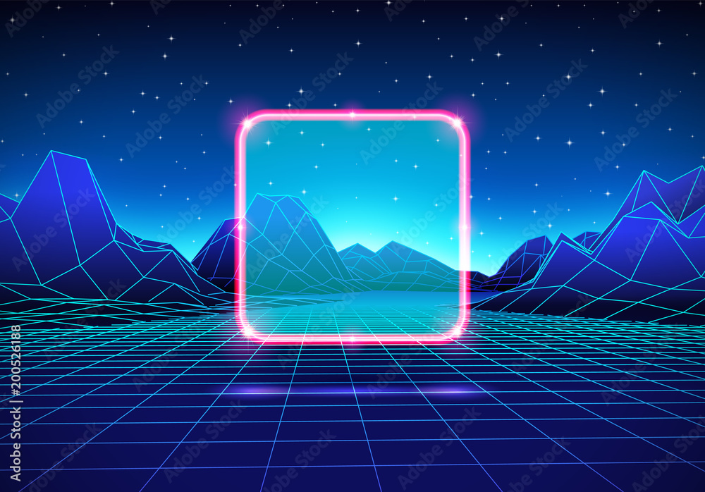 Poster retro futuristic landscape with square and shiny grid