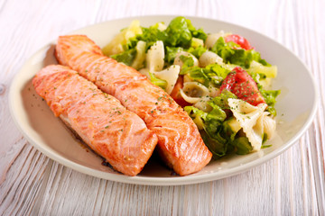 Fried salmon and pasta salad