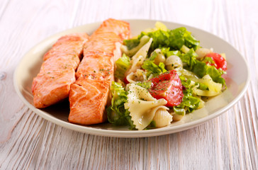 Fried salmon and pasta salad