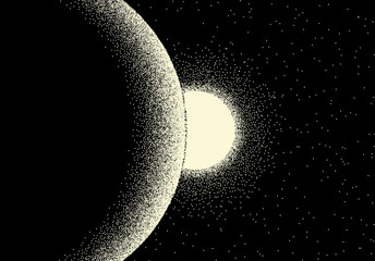 Weltraumlandschaft mit malerischem Blick auf Planeten und Sterne im Retro-Dotwork-Stil © swillklitch