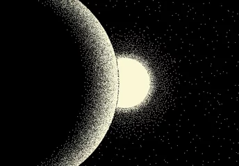 Weltraumlandschaft mit malerischem Blick auf Planeten und Sterne im Retro-Dotwork-Stil © swillklitch