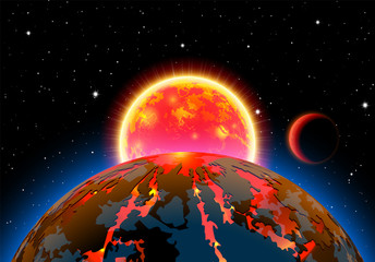 Scenic space landscape with sun or star and planets or satellites