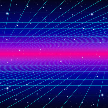 Retro neon background with 80s styled laser grid and stars Stock Vector |  Adobe Stock