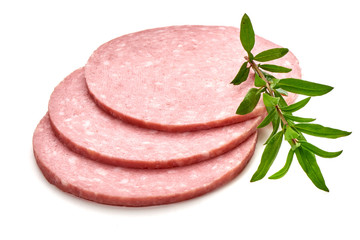 Salami smoked sausage slices, isolated on white background.