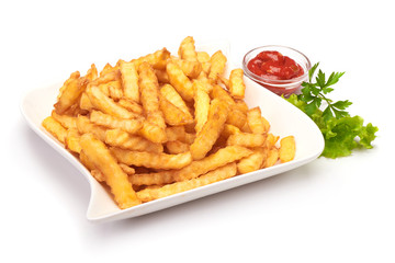 Fried potato fries with ketchup, isolated on white background.