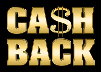 Stock Illustration - Shiny Metallic Golden Text: CASH BACK, 3D Illustration, Isolated Against the Black Background.