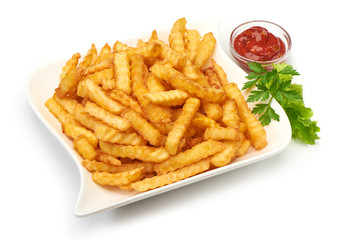 Fried potato fries with red sauce, isolated on white background.
