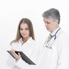 two confident doctor discussing the patient's medical card.