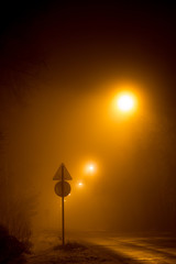 The road at night illuminated by dim lanterns during a thick fog

