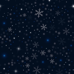 White snowflakes seamless pattern on black Christmas background. Chaotic scattered white snowflakes. Beauteous Christmas creative pattern. Vector illustration.