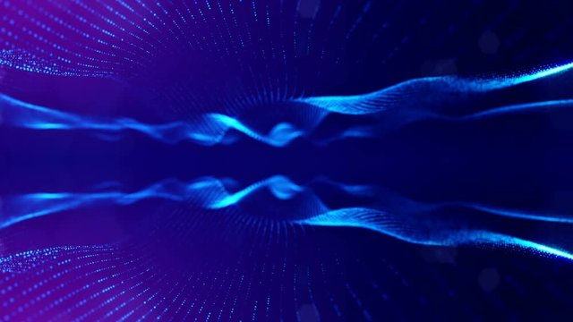 3d loop animation as science fiction background of glowing particles with depth of field and bokeh for vj loop. Particles form line and surface grid. V13 blue