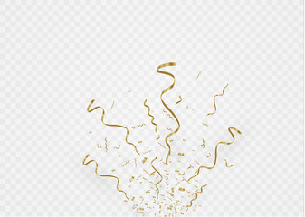 Golden confetti, isolated on cellular background. Festive vector illustration Tiny confetti with ribbon on white background. Festive event and party. Vector yellow.