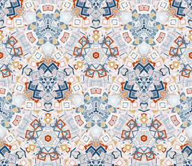 Kaleidoscope abstract seamless pattern, background. Composed of colored geometric shapes. Useful as design element for texture and artistic compositions.