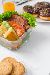 Food in the office. Healthy lunch for work.