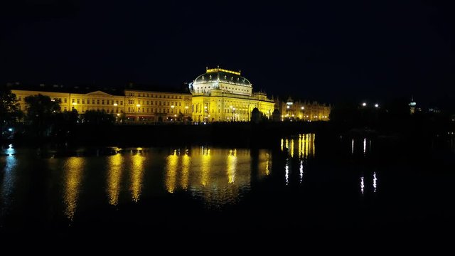 National Theatre, Prague, Czech Republic, evening drone view, street, cityscape, bridge, city transport, river