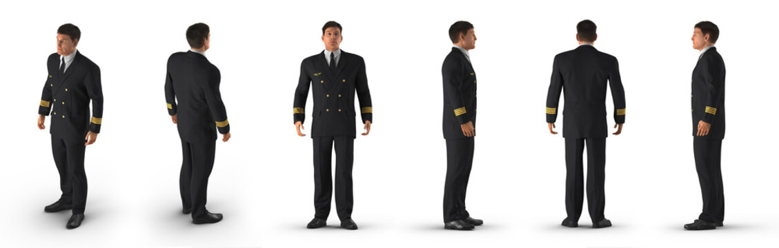 Passenger plane pilot renders set from different angles on a white. 3D illustration
