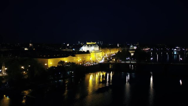 National Theatre, Prague, Czech Republic, evening drone view, street, cityscape, bridge, city transport, river