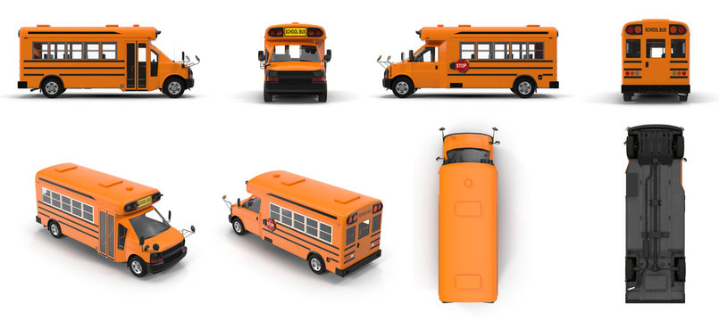 Yellow small school bus renders set from different angles on a white. 3D illustration