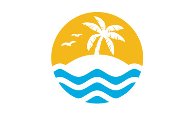 Fototapeta na wymiar Ocean Sea Wave with Sun Island Beach Palm Tree Surf Summer Vacation Holiday Hawaii Travel logo design 