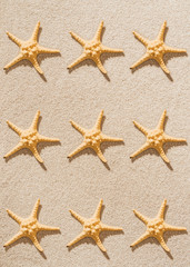 Fototapeta na wymiar top view of repetition of starfishes on sandy beach