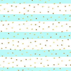 Golden dots seamless pattern on blue striped background. Fair gradient golden dots endless random scattered confetti on blue striped background. Confetti fall chaotic decor. Modern creative pattern.