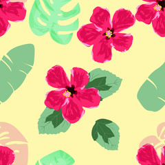 Hand draw hibiscus flower and tropical leaves seamless pattern.