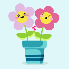 Kawaii illustration of two pink daisies holding leaves and feeling their mutual and amazing love over a blue plant pot. The background is light blue.