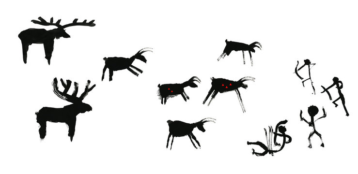 A group of primitive people hunts a herd of hoofed animals of deer and moose. Stylization of cave rock art. Isolated on white background
