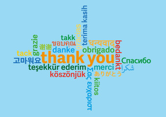 colorful thank you word cloud in different languages on light blue background