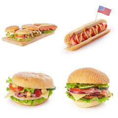 Junk fast food collage of burgers, sandwiches and hot-dogs isolated on white background