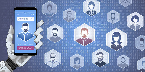 Web Search For People By Robot. Vector illustration on the subject of 'Social Media'.