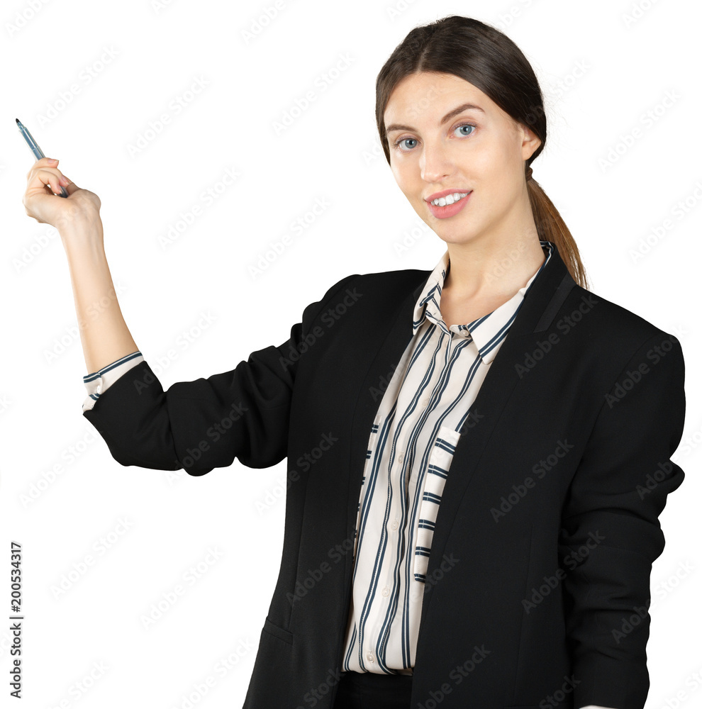 Canvas Prints Young businesswoman making a presentation isolated on white background