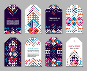 Bright colorful vertical tag design temlpate set with tribal aztec style ornament. Ethnic paper label collection. EPS 10 vector concept illustration. Clipping masks.