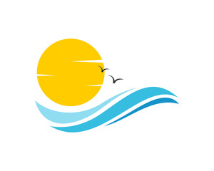 Bright Sun and sea vawes icon logo sunrise sunset 