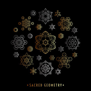 Sacred geometry style symbol set. Round composition of gold and silver sacral geometric outline signs on the blackbackground. Line art elements. EPS 10 linear design vector illustration.