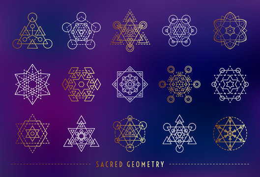 Sacred geometry style symbol set. Gold and white sacral geometric outline signs on the gradient mesh background. Line art elements. EPS 10 linear design vector illustration.