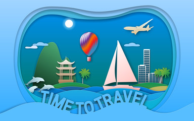 Naklejka premium Time to travel vector illustration in paper cut style. Sea resort town, sailing yacht, pagoda, balloon, islands, dolphins and aircraft. Travel card design.