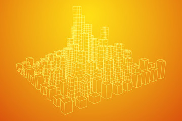 Mesh low poly wireframe cubes array like skyscraper city. Connected lines town. Connection Box Structure. Digital Data Visualization Concept. Vector Illustration.