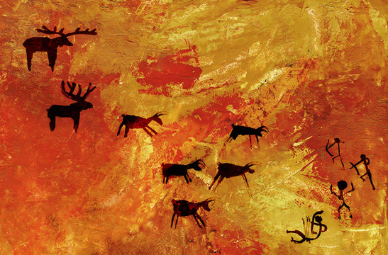 A group of primitive people hunts a herd of hoofed animals of deer and moose. Stylization of cave rock art.