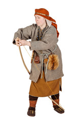 medieval slavic beautiful woman in historical costume. image on white studio background. historical...