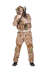 Special forces soldier with rifle on white background. army, military and people concept