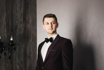 Respectable handsome man in elegant suit  in apartments with classical luxurious interior. Men