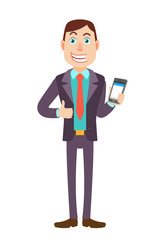 Businessman holding mobile phone and showing thumb up