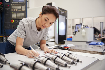 Female Engineer Measuring CAD Drawings In Factory