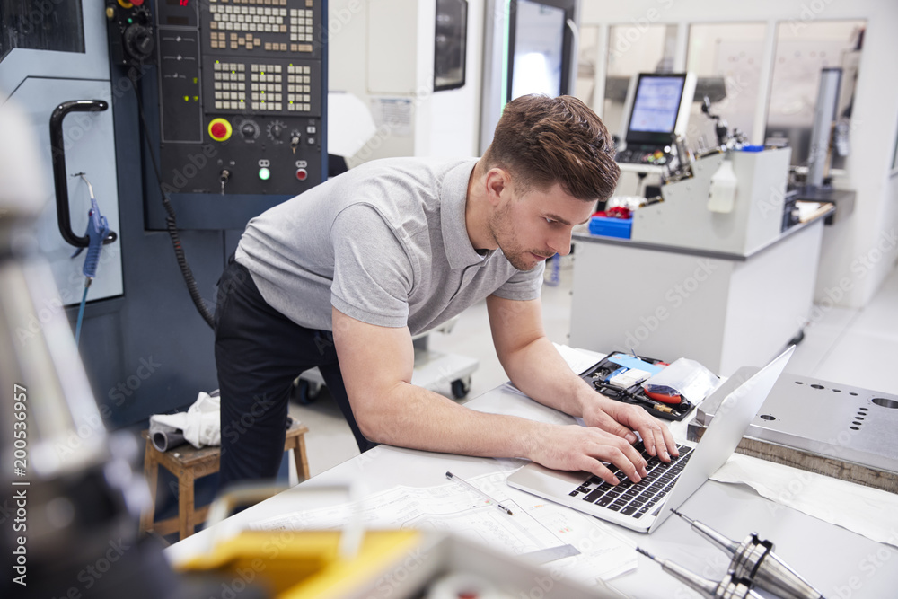 Wall mural male engineer using cad programming software on laptop