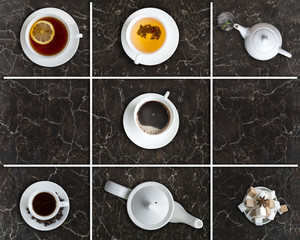 Obraz na płótnie Canvas Hot drinks served on black marble table. Grid composition. White porcelain cups, tea pot, coffee pot, sugar. Top view, copy space.